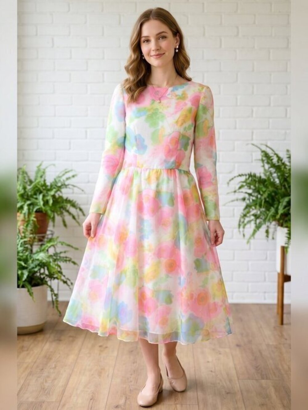 Vintage 1970's chiffon Posh label, Pastel Floral Long Sleeve mid length Dress